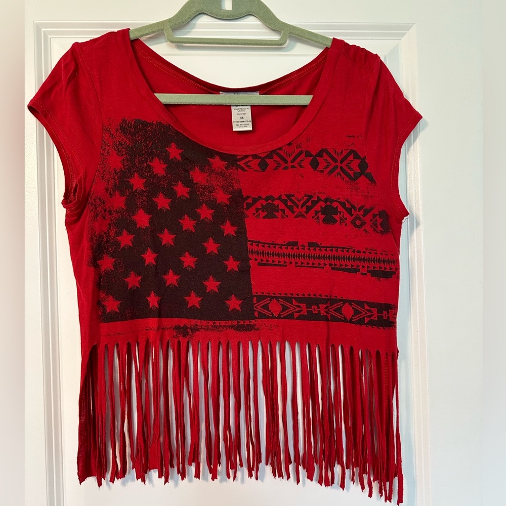 Charlotte Russe Cropped Frilly American Flag Top. Size medium.
